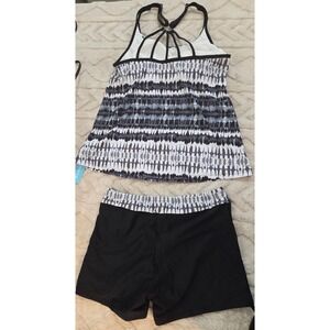 Yonique Women Small Tankini Swimsuit Set 2 Piece Print Top Boy Shorts Black Swim